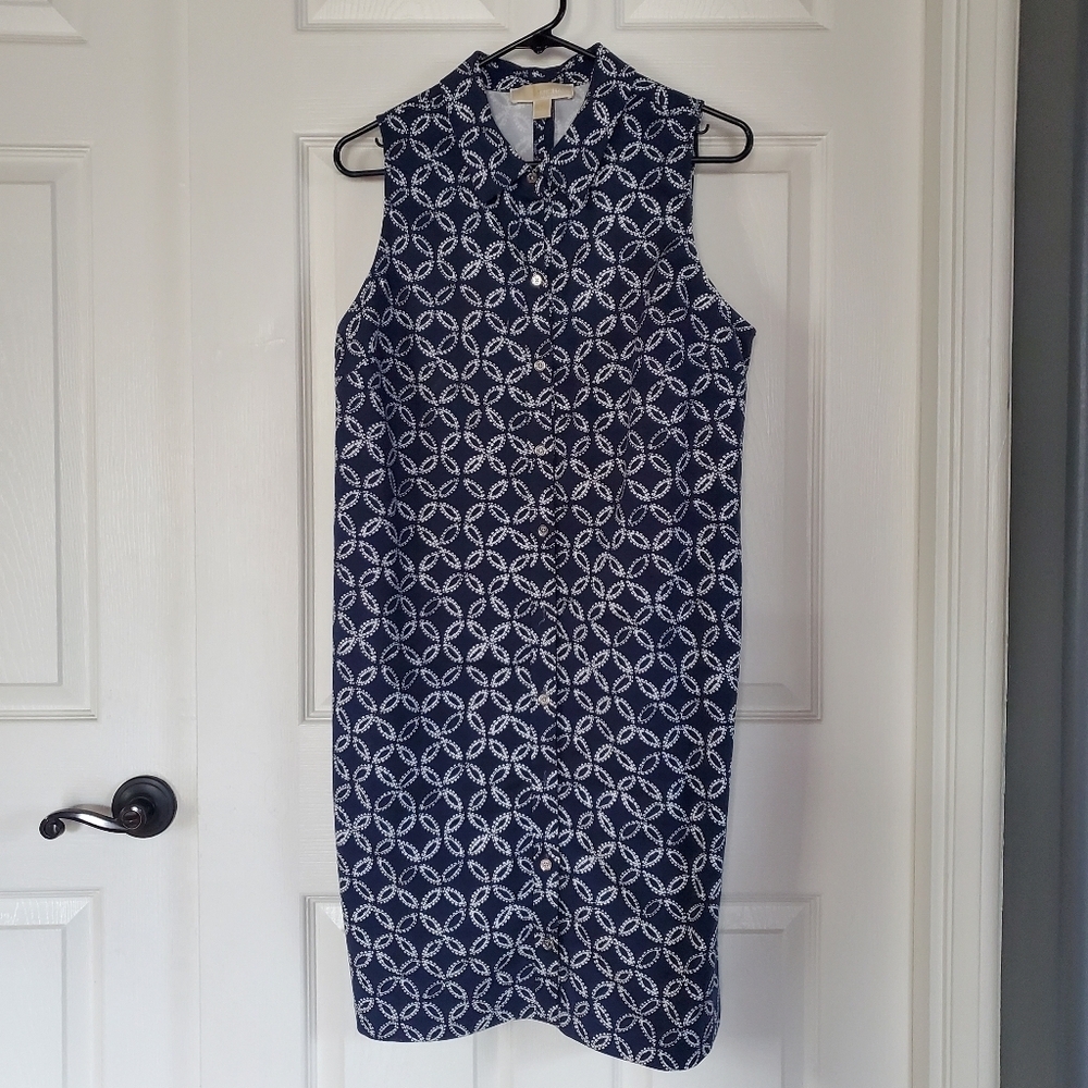 Michael Kors Navy Blue & White Patterned Sleeveless Dress Size 10 Button-up